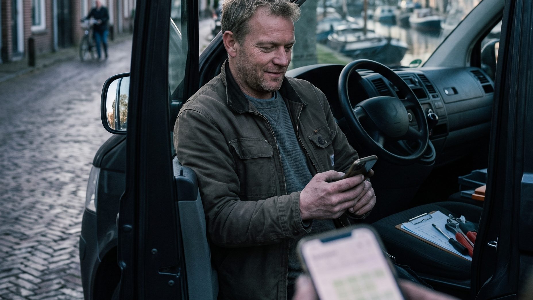 Ondernemer zit rustig in zijn bestelbus en kijkt op zijn telefoon naar de afspraken van vandaag