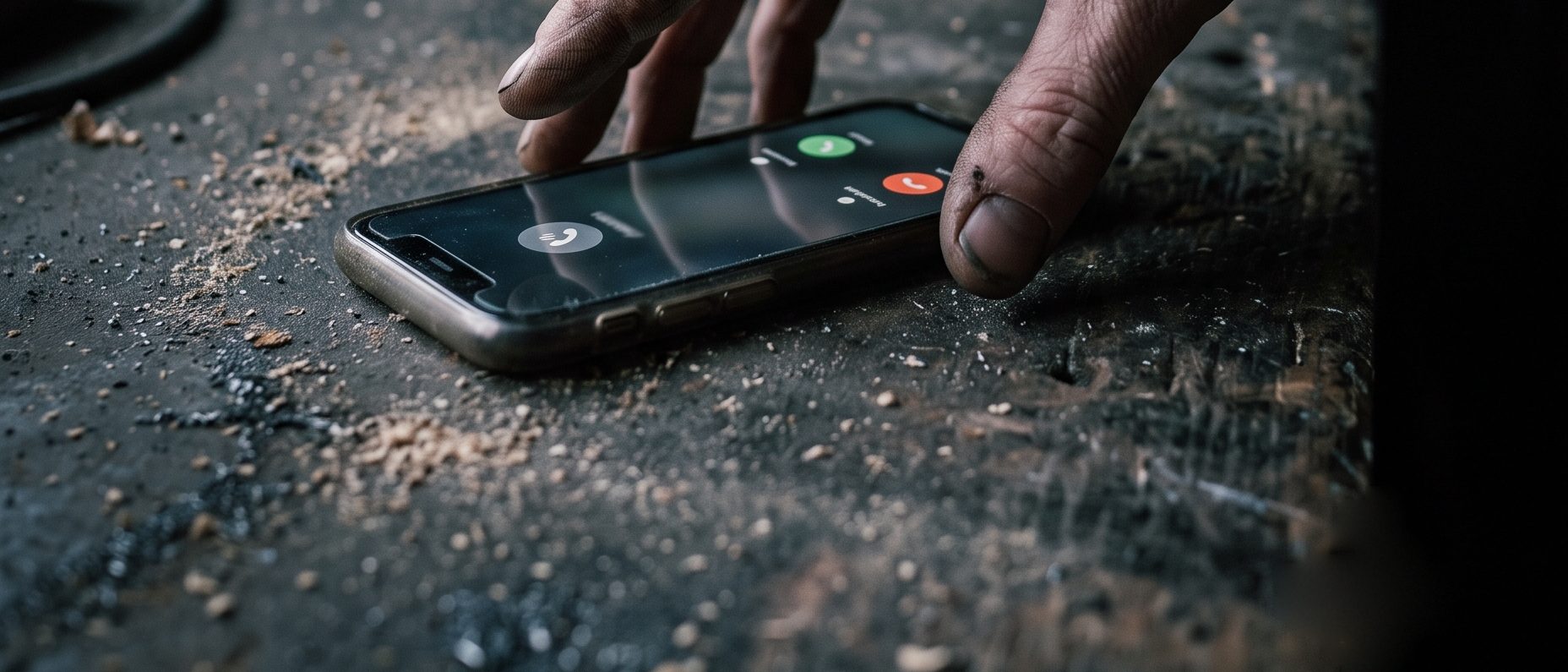 Werkhand grijpt naar een telefoon die overgaat op een stoffige werkbank
