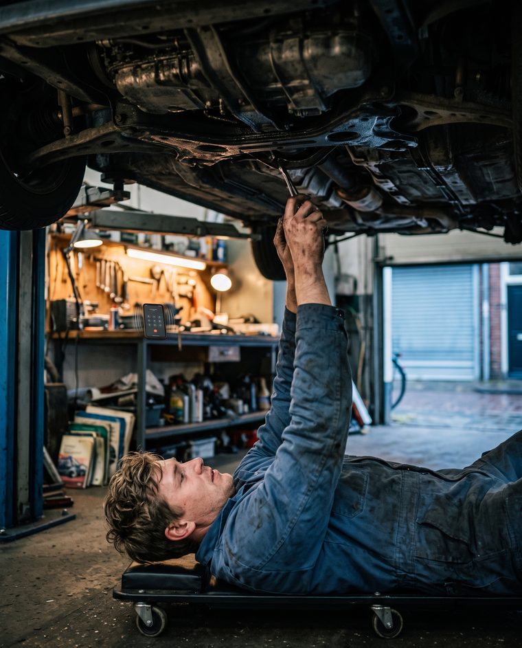 Automonteur ligt op een kruiprol onder een geheven auto in een kleine garage