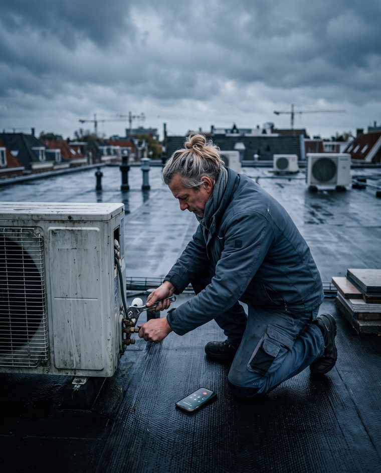 Installateur werkt geknield aan een buitenunit op een plat dak, zijn telefoon ligt naast hem op het dakleer
