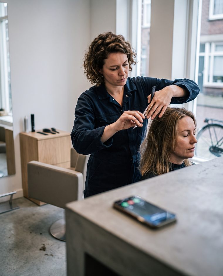 Kapster knipt een klant terwijl de telefoon van de salon onbeantwoord op de balie ligt