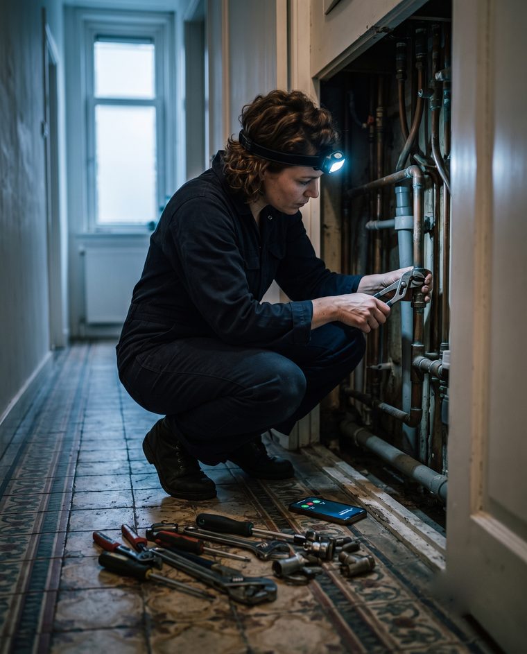 Loodgieter zit gehurkt in een smalle meterkast met een hoofdlamp op en gereedschap op de gang