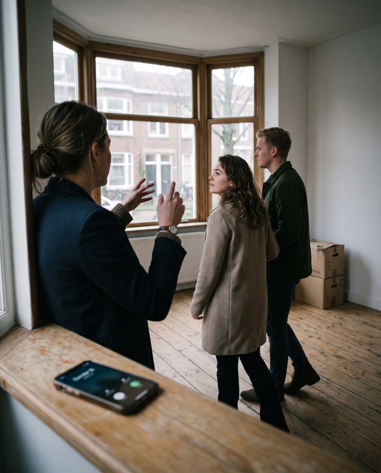 Makelaar geeft een bezichtiging aan een stel terwijl de telefoon met een inkomende oproep op de vensterbank ligt