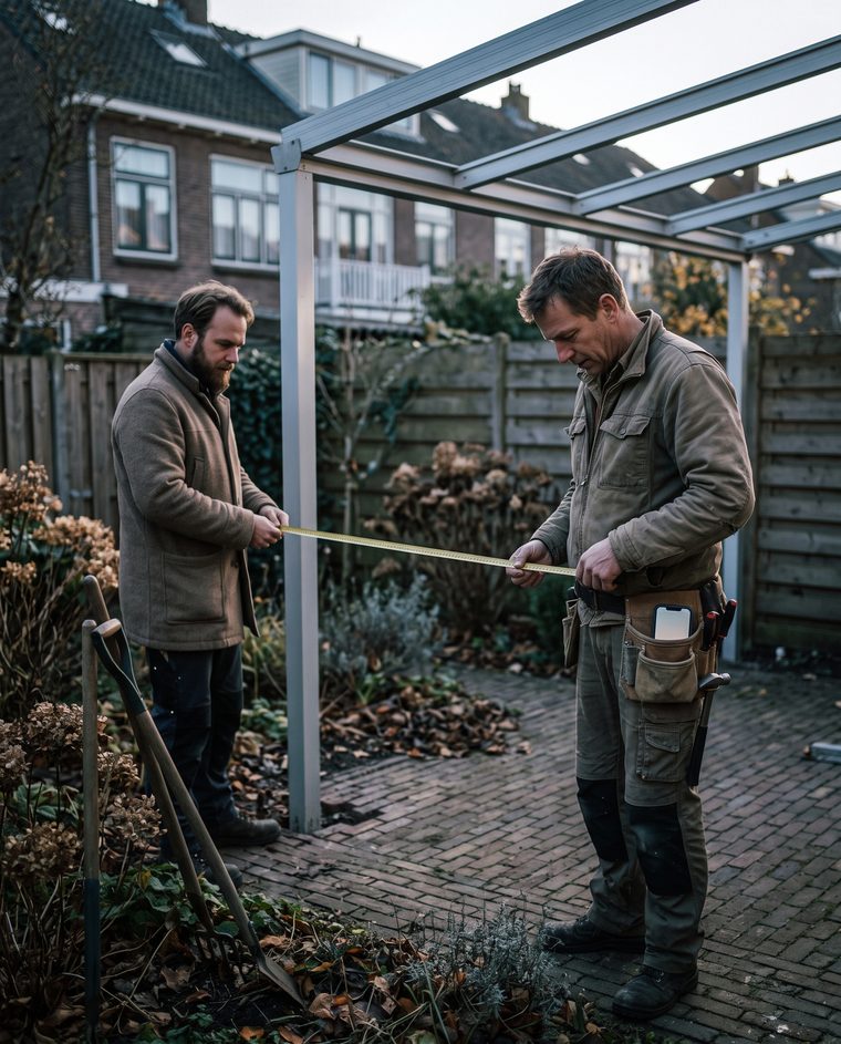 Twee bouwers meten aan het eind van de dag een aluminium veranda in een achtertuin op