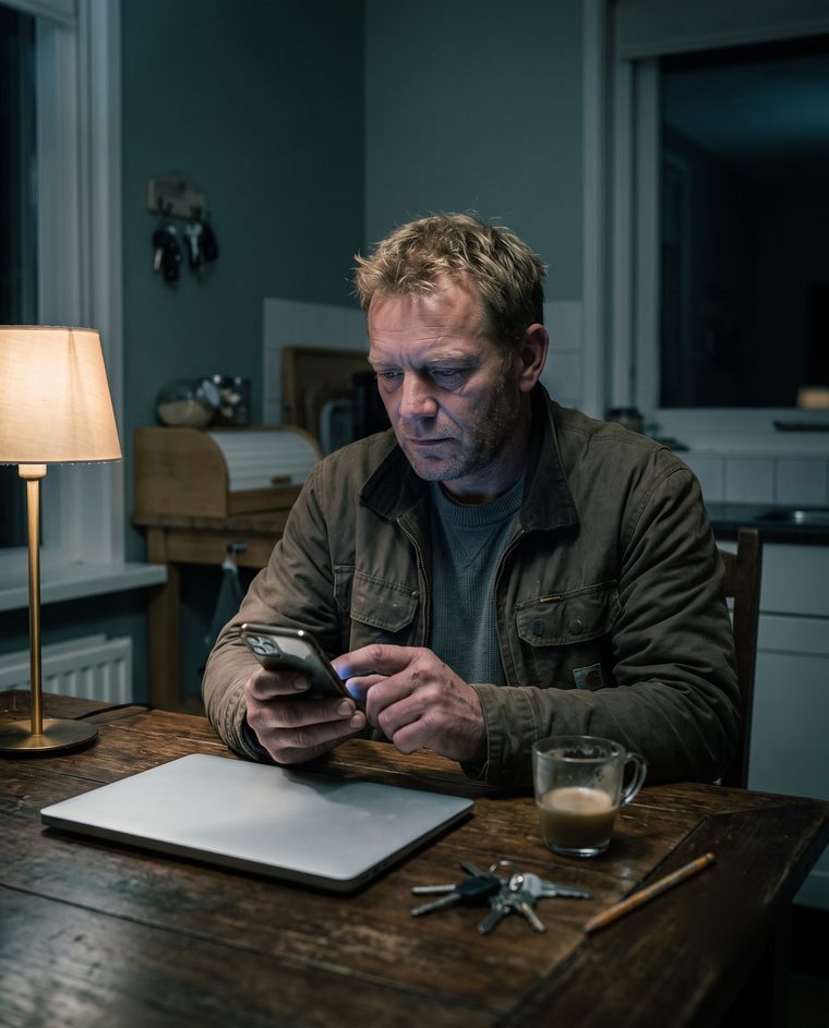 Ondernemer zit 's avonds aan de keukentafel en kijkt op zijn telefoon naar de oproepen die hij overdag heeft gemist